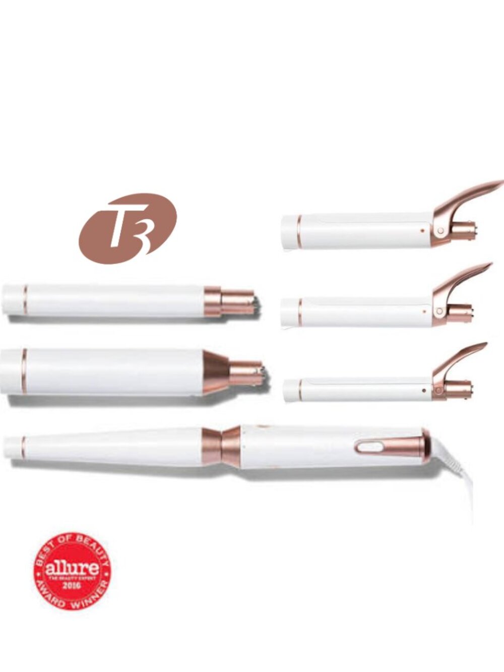 T3 White and Rose Gold Interchangeable Curling Wand Set